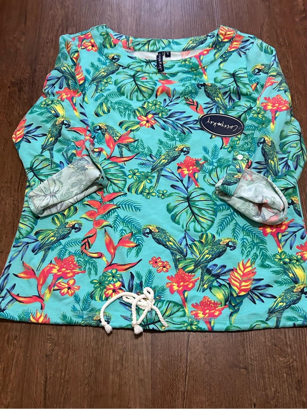 Sea-key Tropical Print Pullover - Aqua with Coral & Green